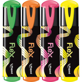 Maped - 4 Surligneurs Fluo Peps Flex - Pointe Douce Flexible - Confort d'Écriture sur Tous Types de Papier