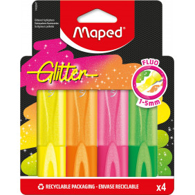 Maped - 740247-4 Surligneurs Fluo Glitter, Pointe Biseautée, Surligneurs Longue Durée pour Usage Scolaire