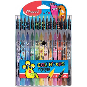 Maped - Combo Pack Monster Color'Peps - 15 Crayons de Couleurs Vives + 12 Feutres Lavables et Résistants au séchage