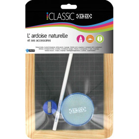 Ardoise naturelle en cadre pin avec 1 crayon ardoise, taille crayon et boîte mouilleur ULMANN