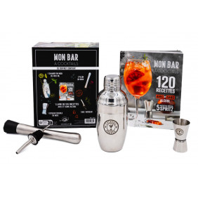 Mon bar à cocktails. Coffret avec 1 shaker, 1 doseur double, 1 pilon et 1 bec doseur