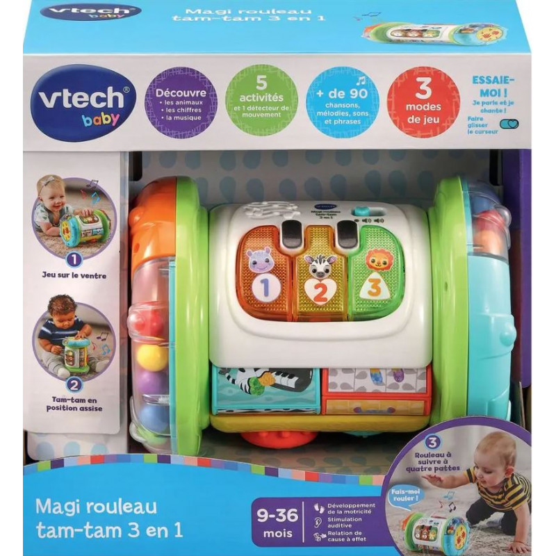 VTech - Magi Rouleau Tam-Tam 3 en 1 Rose - Jouet Musical Évolutif - Tambour Enfant Qui Roule, Motricité Bébé - Jouet d'Activité et de Développement