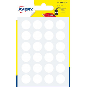 AVERY - 168 pastilles Diam 15 mm Blanches. Planche A6, BLANC, 15 mm