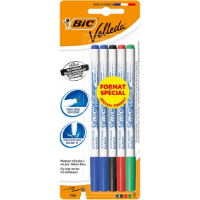 Lot de 5 marqueurs effaçables à sec BIC - Velleda 1721 - Bleu / noir / rouge / vert