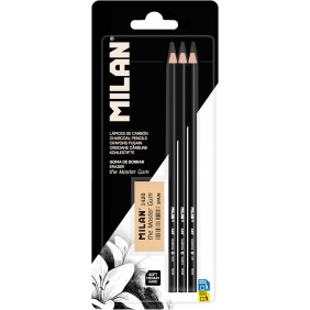 Crayons fusain + master gomme blister de 3