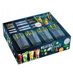 Mojito fruits - Coffret avec 4 jolis verres à mojito, 4 pailles en verre, 4 agitateurs ananas en verre et 12 pics à brochettes