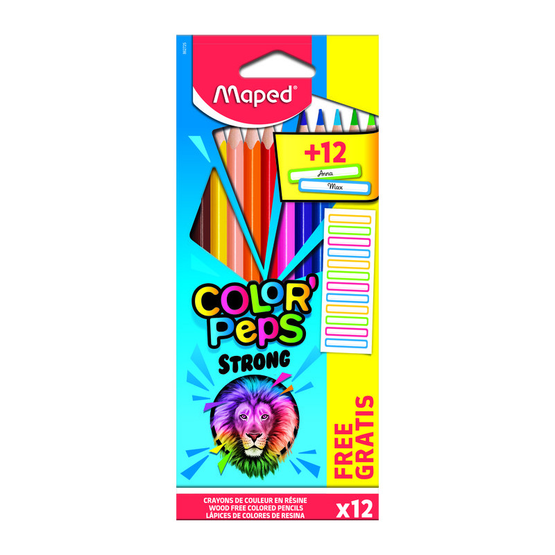 CRAYONS DE COULEUR MAPED COLOR "PEPS STRONG COFFRET MÉTAL DE 12 (CADEAU 12 ETIQUETTES)
