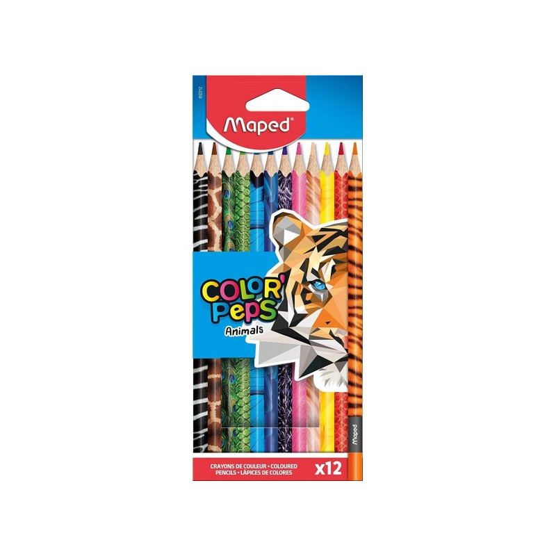 Crayons de couleur Maped Color'Peps Animaux, trousse en carton de 12 pièces aux couleurs assorties - 3 ans