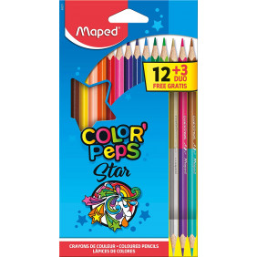 Maped duo crayons de couleur Color'Peps, trousse carton de 12 + 3 pièces offerte en coloris assortis