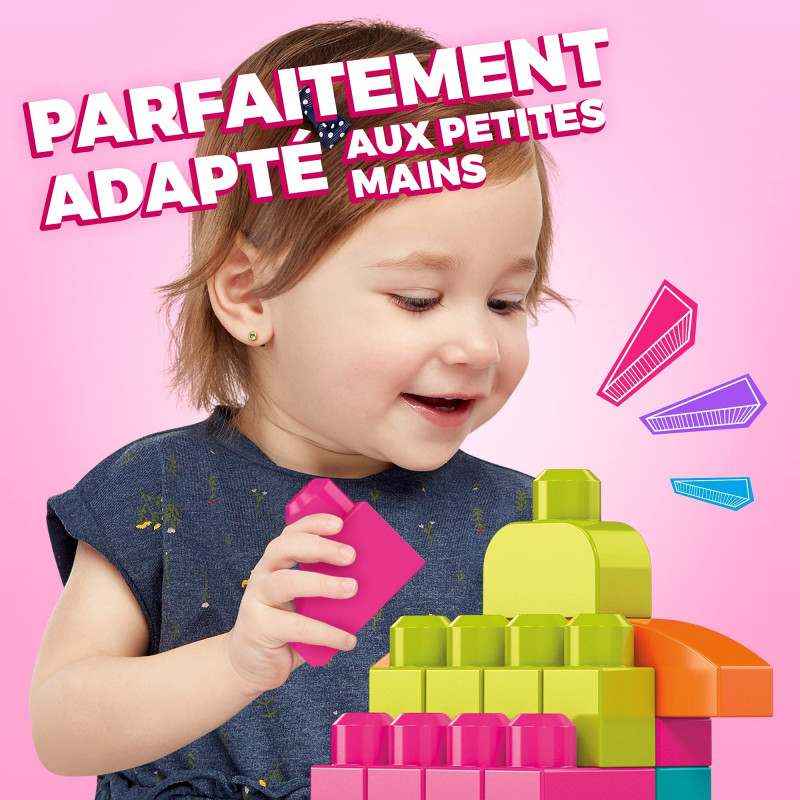 Mega Bloks Sac Rose, jeu de blocs de construction, 60 pièces, jouet pour bébé et enfant de 1 à 5 an