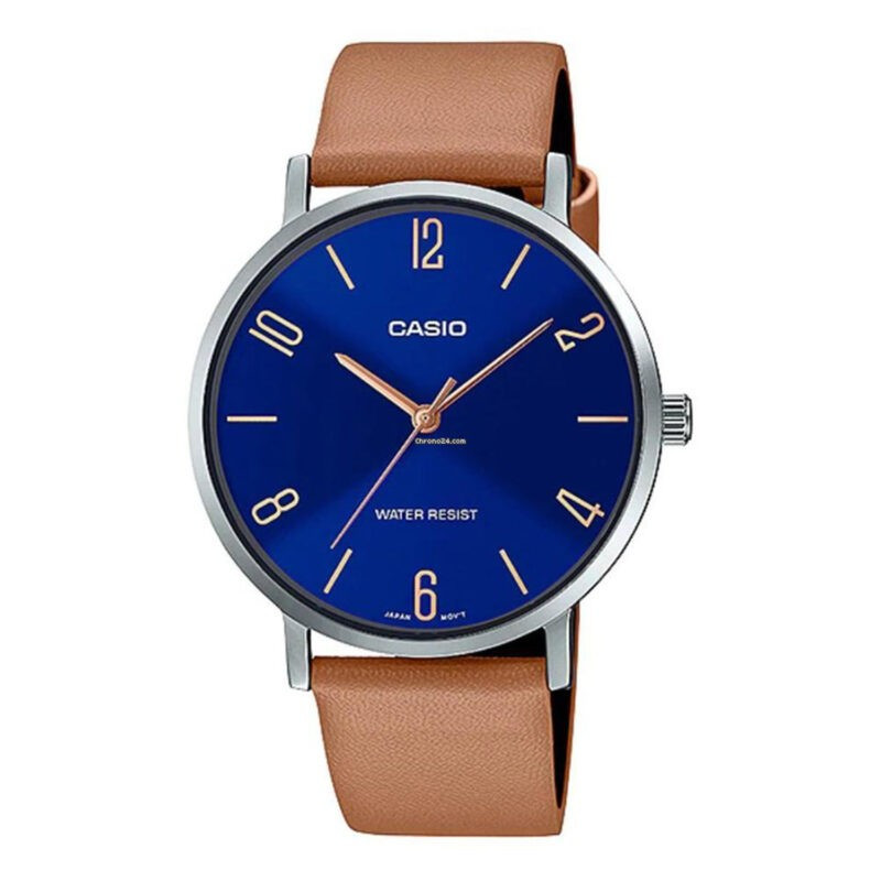 Montre CASIO Homme - Bracelet Brun En Cuir Véritable - Résistante À L'eau - MTP-VT01L-2B2UDF