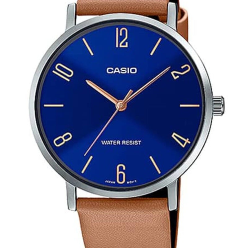 Montre CASIO Homme - Bracelet Brun En Cuir Véritable - Résistante À L'eau - MTP-VT01L-2B2UDF