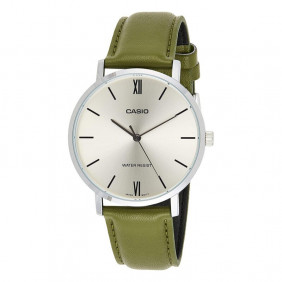 Montre CASIO Homme - Bracelet Vert En Cuir Véritable - Cadran Gris - Résistante à l'eau - MTP-VT01L-3BUDF