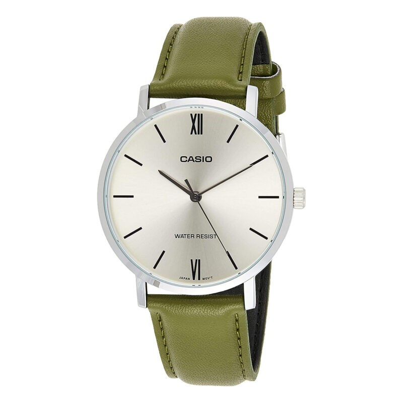 Montre CASIO Homme - Bracelet Vert En Cuir Véritable - Cadran Gris - Résistante à l'eau - MTP-VT01L-3BUDF