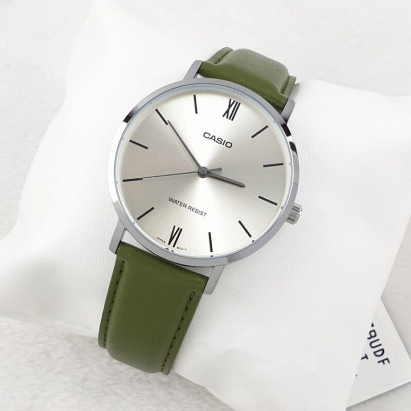 Montre CASIO Homme - Bracelet Vert En Cuir Véritable - Cadran Gris - Résistante à l'eau - MTP-VT01L-3BUDF