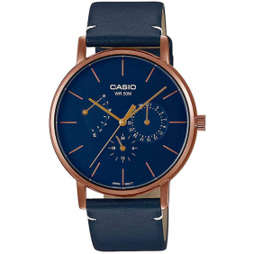 Montre CASIO Homme - Bracelet Bleu En Cuir Véritable - Résistante à l'eau - MTP-E320RL-2EVDF