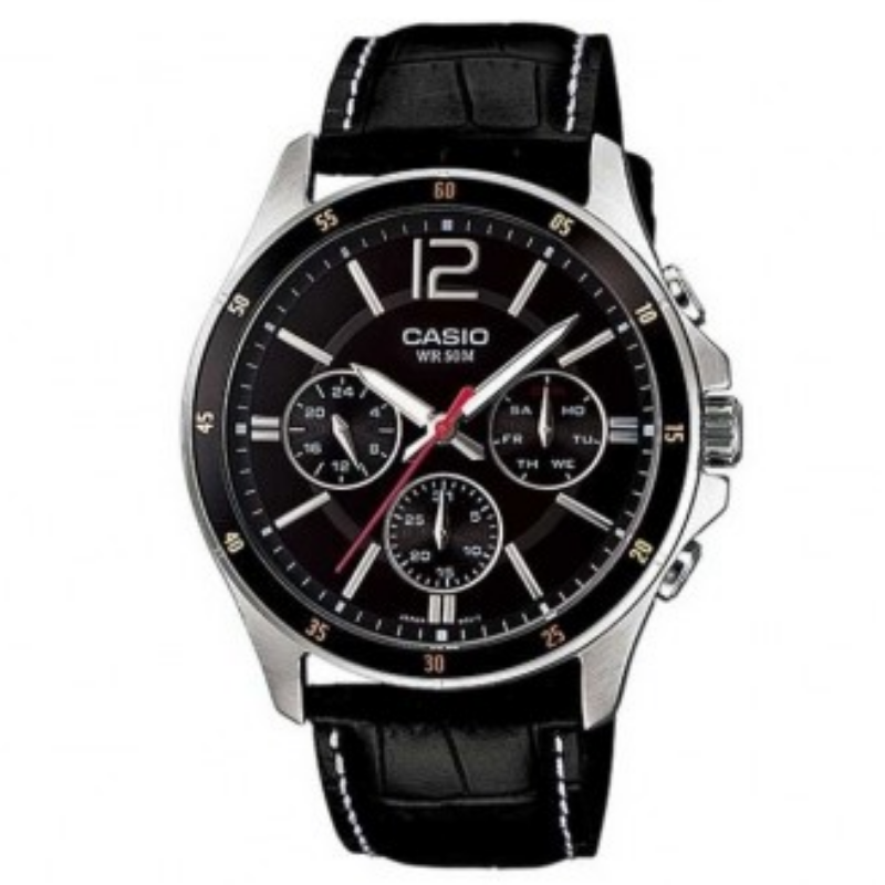 Montre CASIO Homme - Bracelet Noir En Cuir Véritable - Résistante à l'eau - MTP-1374L-1AVDF