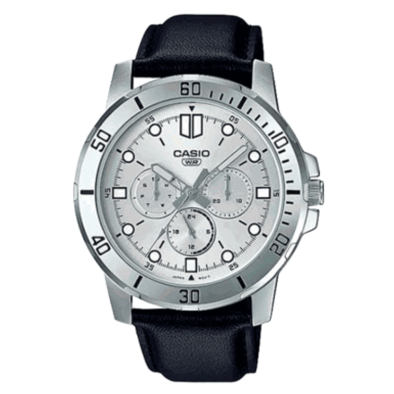 Montre CASIO Homme - Bracelet Noir En Cuir Véritable - Cadran Blanc - MTP-VD300L-7EUDF