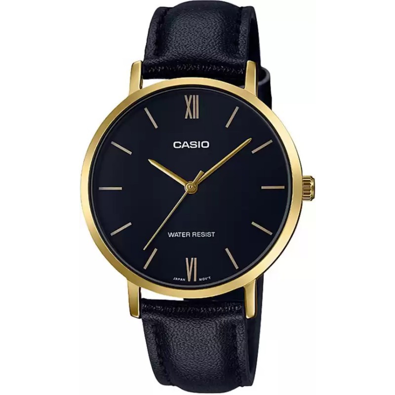 Montre CASIO Femme - Bracelet Noir En Cuir Véritable - Résistante à l'eau - LTP-VT01GL-1BUDF