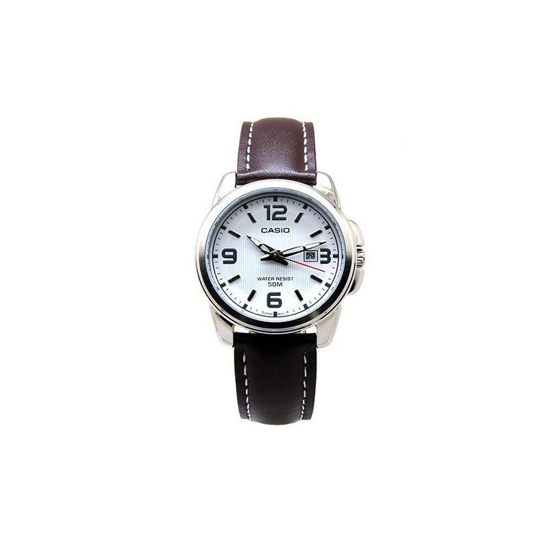 Montre CASIO Femme - Bracelet Marron En Cuir Véritable - Cadran Blanc - LTP-1314L-7AVDF