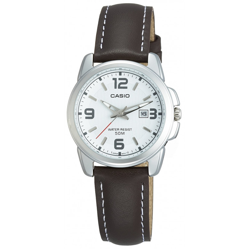 Montre CASIO Femme - Bracelet Marron En Cuir Véritable - Cadran Blanc - LTP-1314L-7AVDF