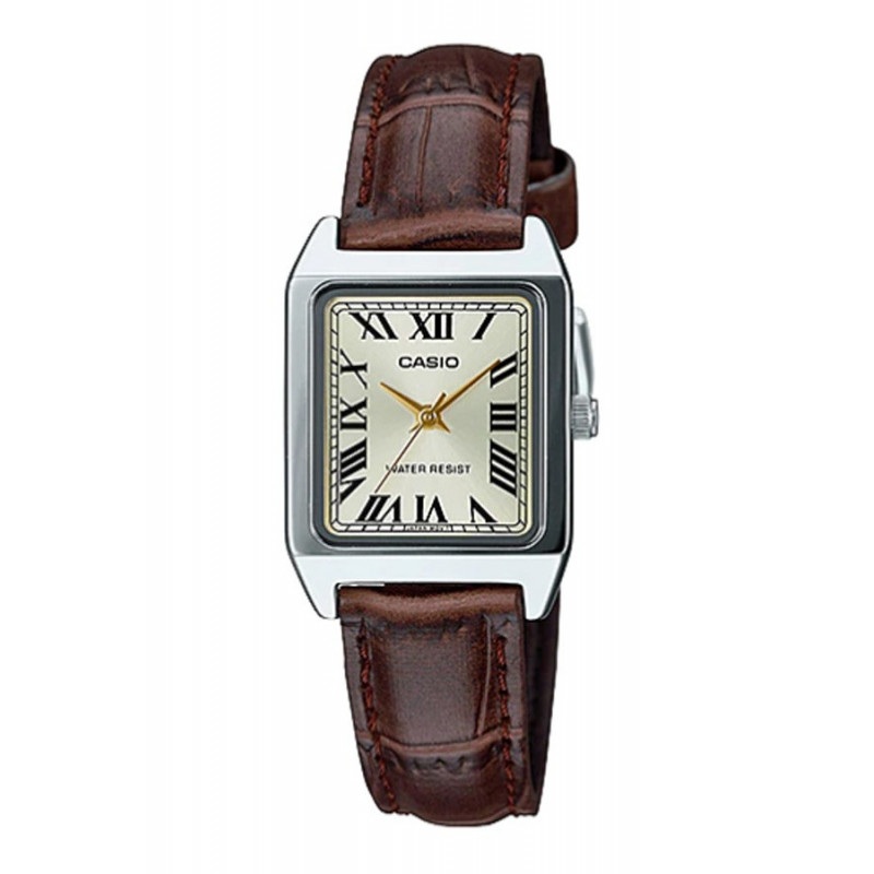 Montre CASIO Femme - Bracelet Marron En Cuir Véritable - Cadran Jaune - 12 Mois De Garantie - LTP-V007L-9BUDF