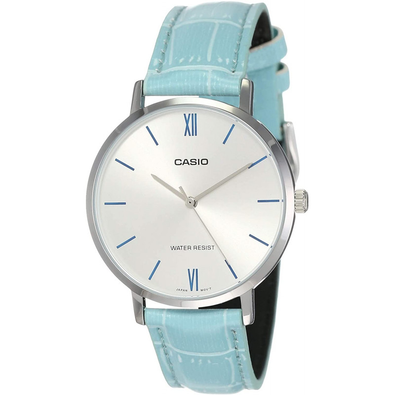 Montre CASIO Femme - Bracelet Bleu En Cuir Véritable - Cadran Blanc - 12 Mois De Garantie - LTP-VT01L-7B3UDF