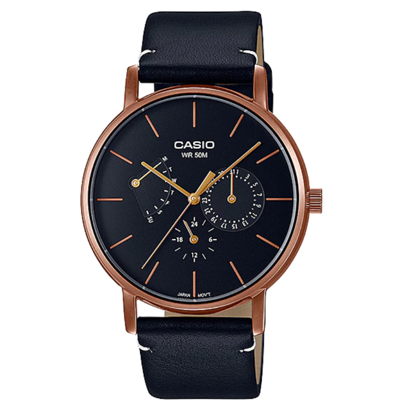 Montre CASIO Homme - Bracelet Noir En Cuir Véritable - Résistante à l'eau - 12 Mois De Garantie - MTP-E320RL-1EVDF