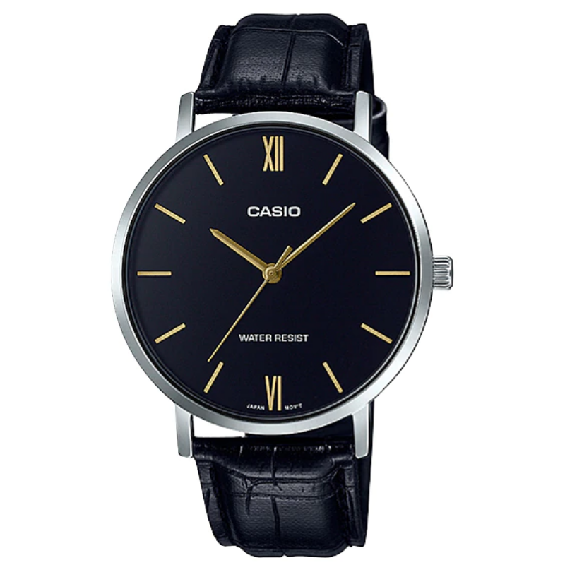 Montre CASIO Homme - Bracelet Noir En Cuir Véritable - Résistante à l'eau - 12 Mois De Garantie - MTP-VT01L-1BUDF