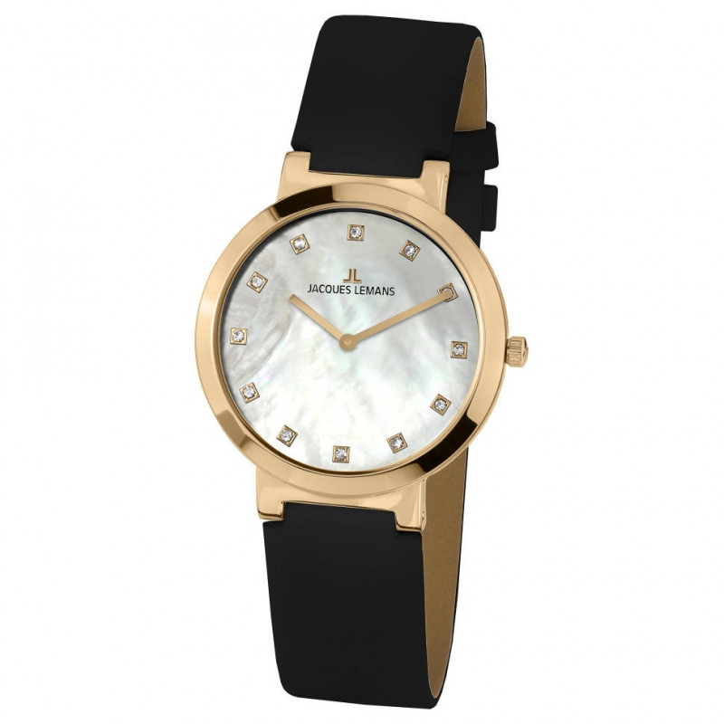 Montre Jacques Lemans Femme - Bracelet En Cuir Véritable Noir - Cadran Rond Dorée - Etanche - Garantie 12 mois - 1-1997L