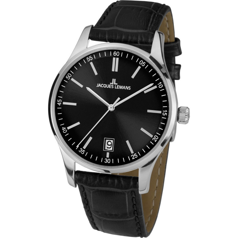Montre Jacques Lemans Femme - Bracelet En Cuir Véritable Noir - Cadran Rond Noir - Etanche - Garantie 12 mois - 1-2027A