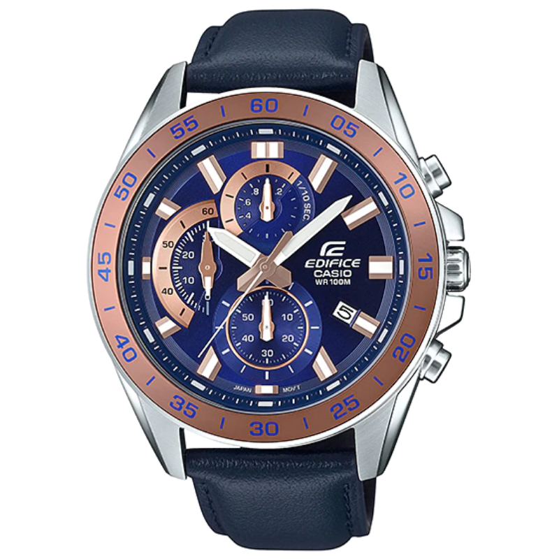 Montre CASIO Homme - Bracelet Bleu En Cuir Véritable - Résistante à l'eau - 12 Mois De Garantie - EFV-550L-2AVUDF