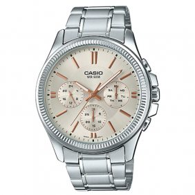 Montre CASIO Homme - Bracelet Gris En Acier Inoxydable - Cadran Blanc - 12 Mois De Garantie - MTP-1375D-7A2VDF