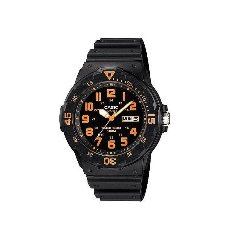 Montre CASIO Homme - Bracelet Noir En Resine - Cadran Orange - Résistante à l'eau - 12 Mois De Garantie - MRW-200H-4BVDF