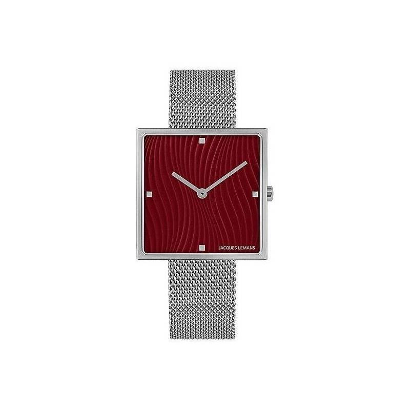 Montre Jacques Lemans Femme - Bracelet En Maille En Acier Inoxydable Gris - Cadran Carre Rouge - Etanche - Garantie 12 mois