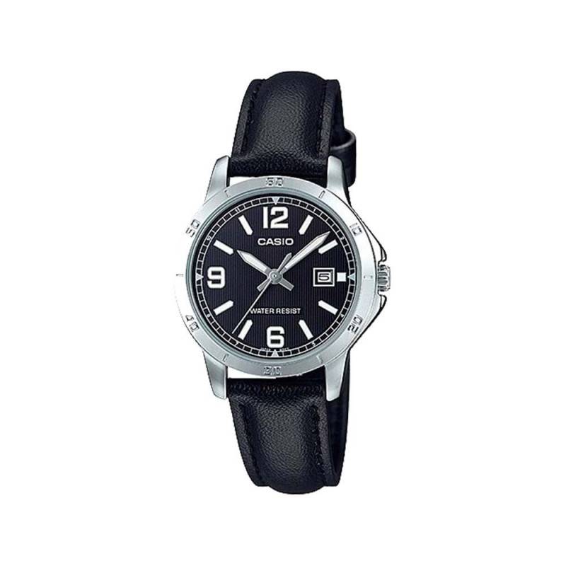 Montre CASIO Femme - Bracelet Noir - En Cuir - Cadran Noir - 12 Mois De Garantie - LTP-V004L-1BUDF