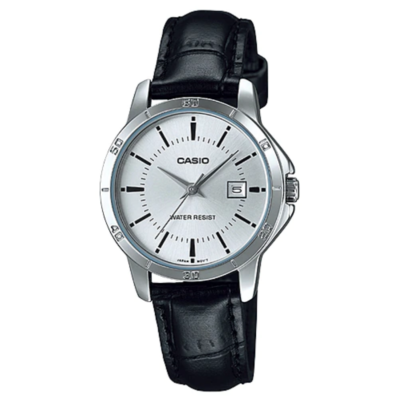 Montre CASIO Femme - Bracelet Noir En Cuir Véritable - Cadran Blanc - 12 Mois De Garantie - LTP-V004L-7AUDF