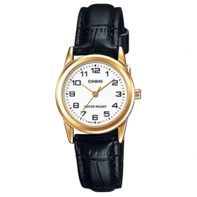 Montre CASIO Femme - Bracelet Noir En Cuir Véritable - Cadran Blanc - 12 Mois De Garantie - LTP-V001GL-7BUDF