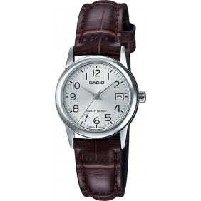 Montre CASIO Femme - Bracelet Marron En Cuir Véritable - Cadran Blanc - 12 Mois De Garantie - LTP-V002L-7B2UDF