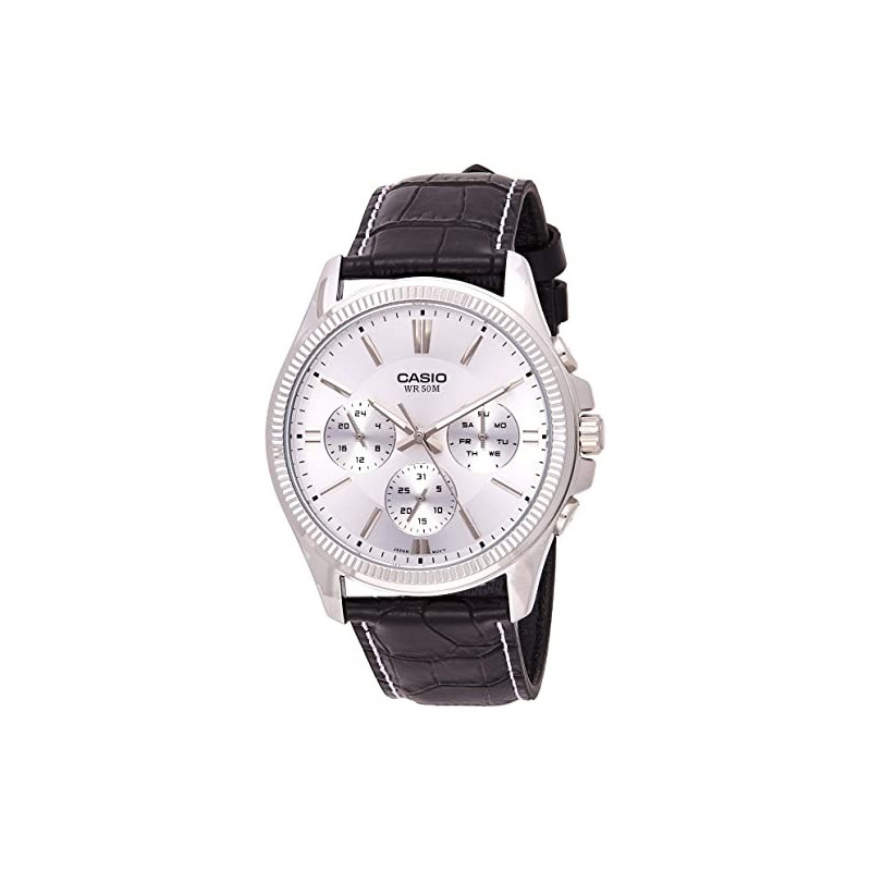 Montre CASIO Homme - Bracelet Marron En Cuir Véritable - Cadran Blanc - 12 Mois De Garantie - MTP-1375L-7AVDF