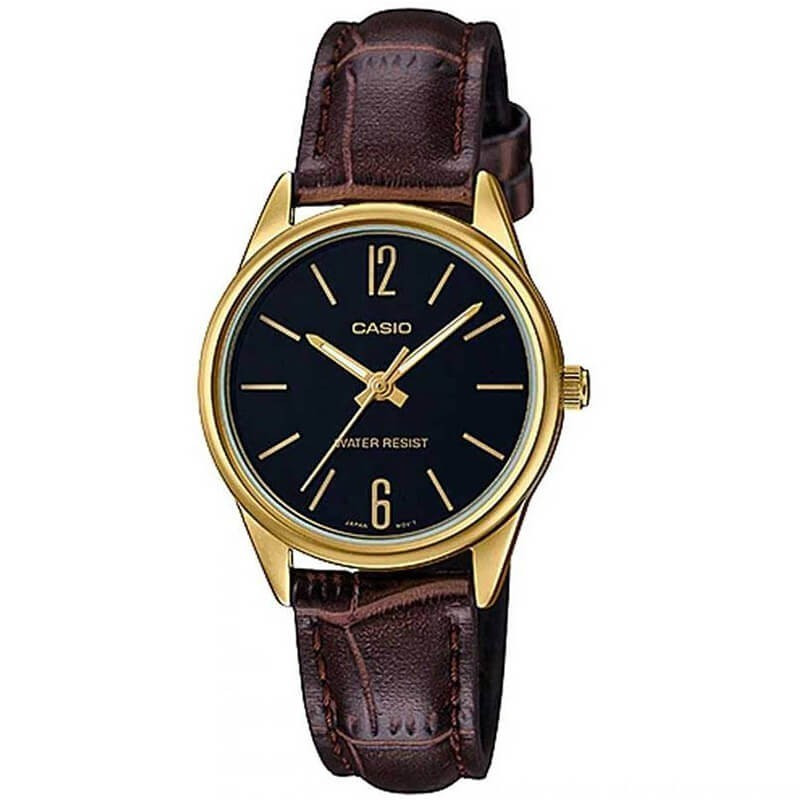 Montre CASIO Femme - Bracelet Marron En Cuir Véritable - Résistante à l'eau - 12 Mois De Garantie - LTP-V005GL-1B2UDF
