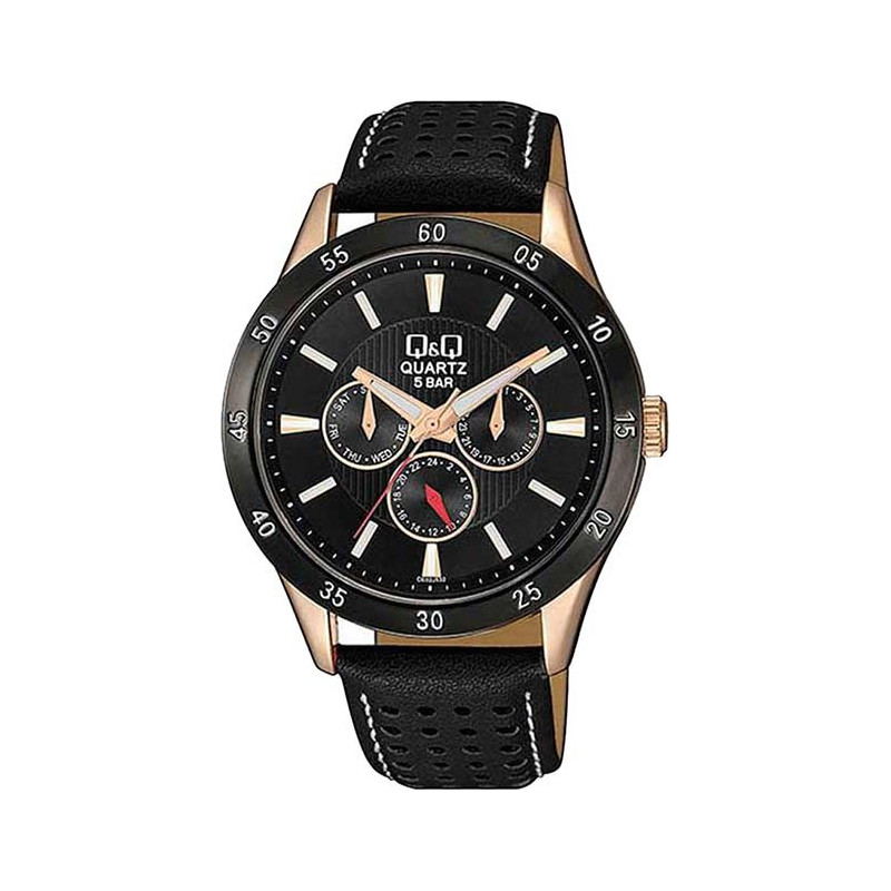 Montre Q&Q Homme - Bracelet Noir En Cuir véritable - Etanche - 12 mois de garantie - CE02J532Y