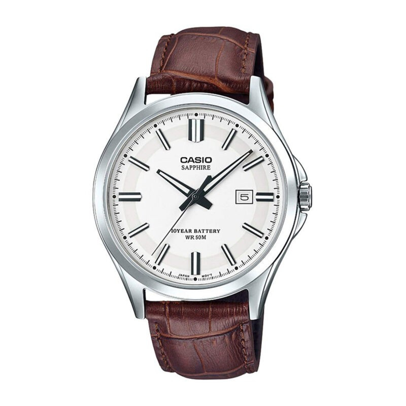 Montre CASIO Homme - Bracelet Marron En Cuir Véritable - Cadran Blanc - 12 Mois De Garantie - MTS-100L-7AVDF