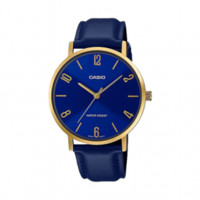 Montre CASIO Homme - Bracelet Bleu En Cuir Véritable - Résistante à l'eau - 12 Mois De Garantie - MTP-VT01GL-2B2UDF