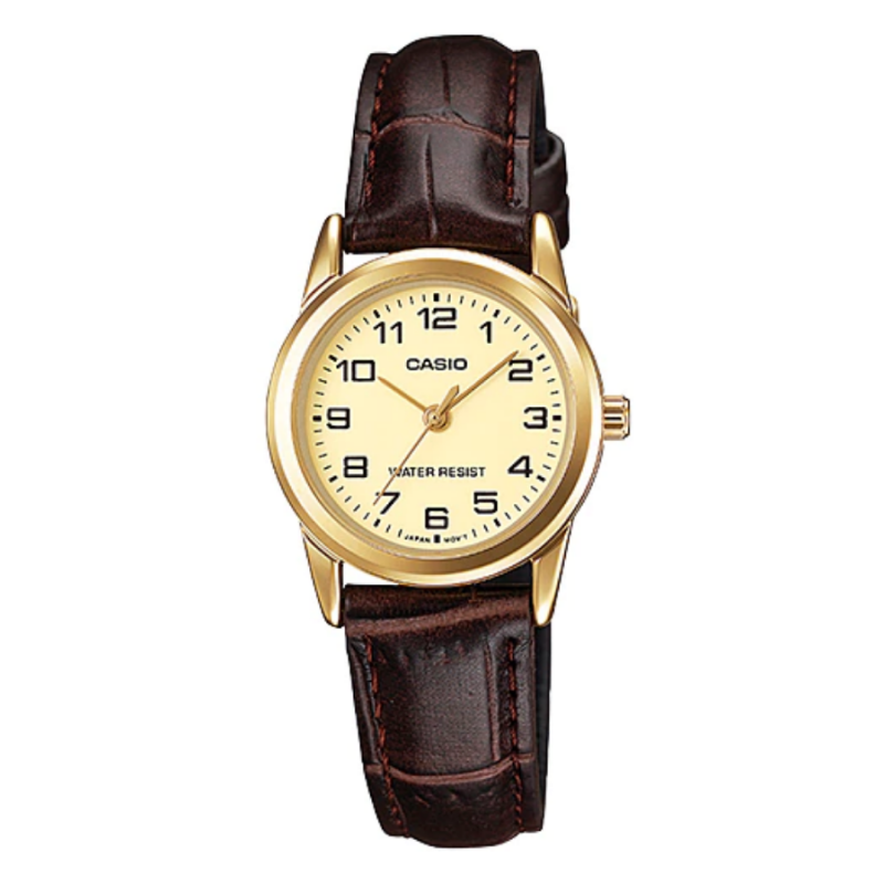 Montre CASIO Femme - Bracelet Marron En Cuir Véritable - Cadran Jaune - 12 Mois De Garantie - LTP-V001GL-9BUDF