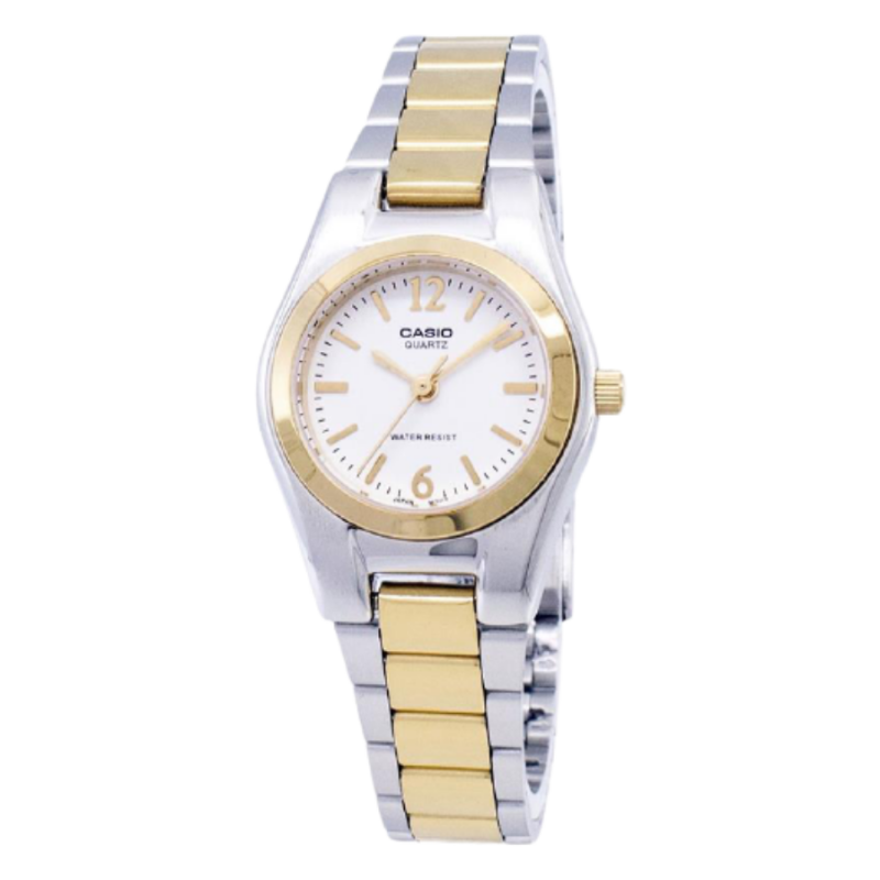 Montre CASIO Femme - Bracelet Gris/Dorée En Acier Inoxydable - Cadran Blanc - 12 Mois De Garantie - LTP-1253SG-7ADF
