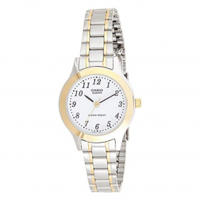 Montre CASIO Femme - Bracelet Gris/Dorée En Acier Inoxydable - Cadran Blanc - 12 Mois De Garantie - LTP-1128G-7BRDF