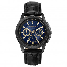 Montre-Bracelet Homme - TRUSSARDI T-HAWK - R2451153001 - Bracelet Noir Avec Fond Bleu En Cuir Véritable