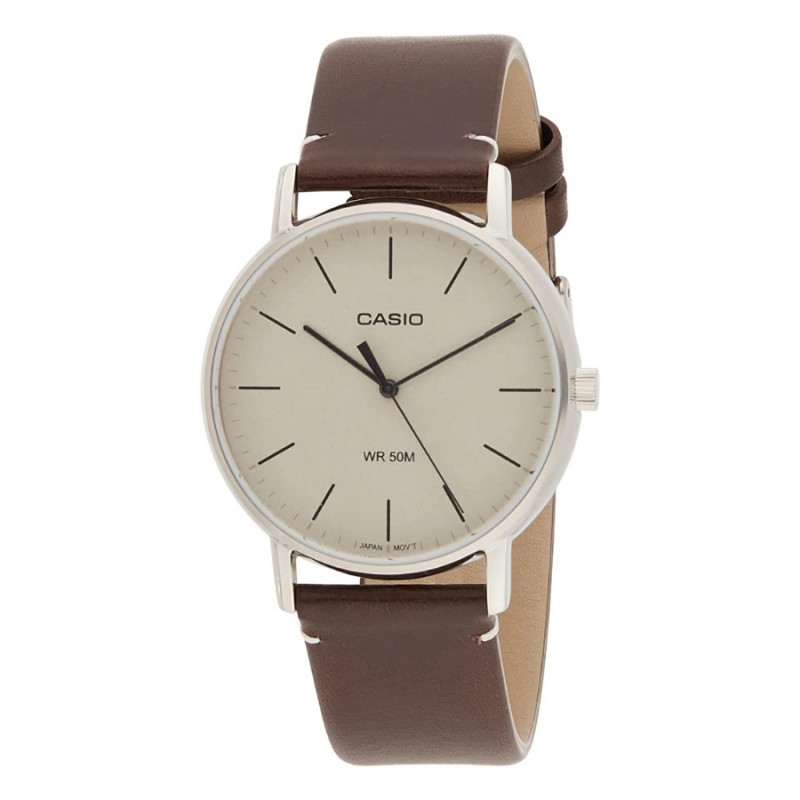 Montre CASIO Homme - Bracelet Marron En Cuir Véritable - Cadran Blanc - 12 Mois De Garantie - MTP-E171L-5EVDF