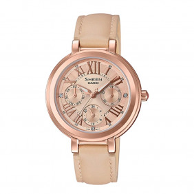 Montre CASIO Femme - Bracelet Marron En Cuir Véritable -Résistante à l'eau - 12 Mois De Garantie - SHE-3034GL-9AUDF